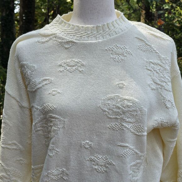 American Weekend Womens Vtg White Beige Chunky Knit Floral Rose Sweater S/M*Read - Picture 2 of 5